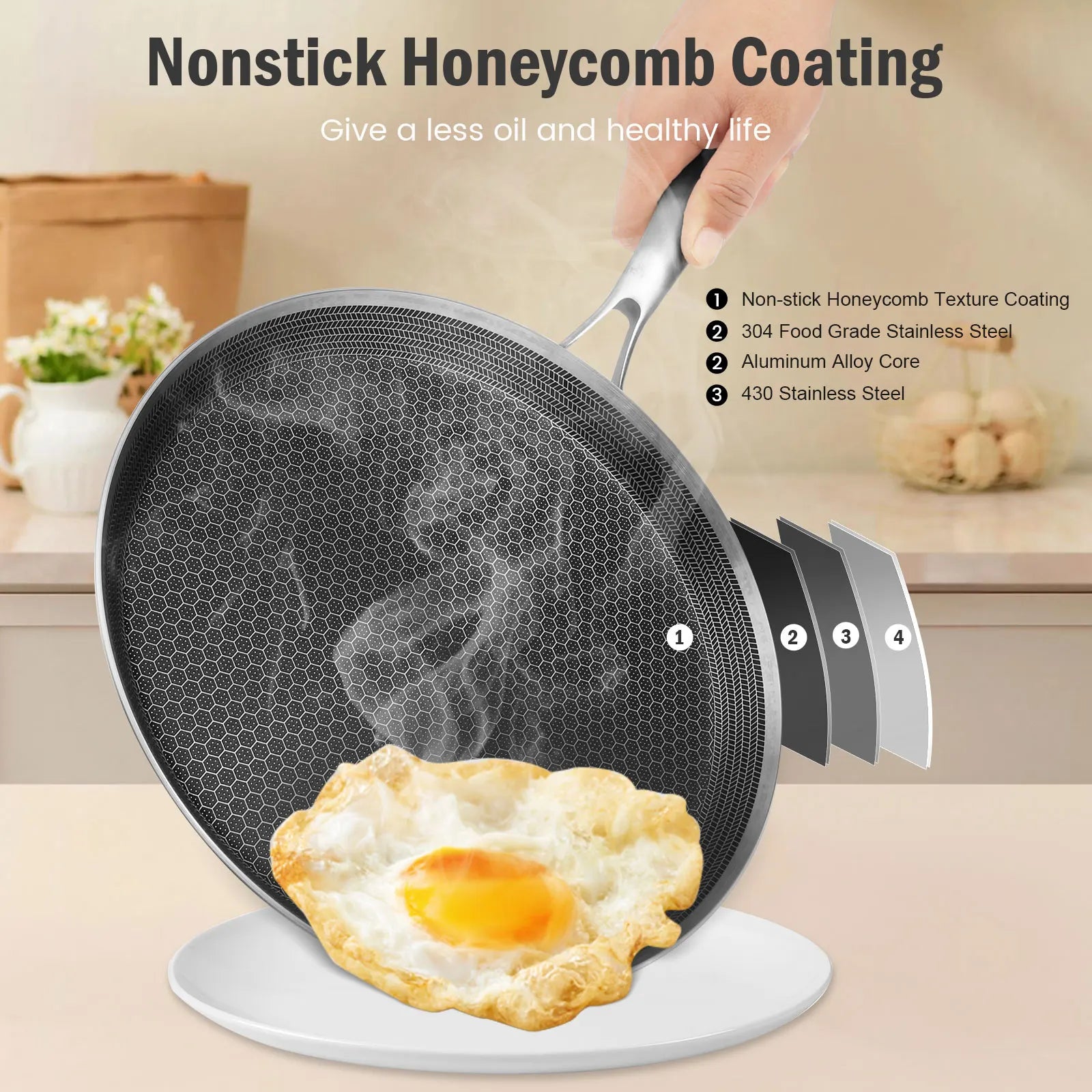 Poêle à Crêpe Antiarina en Forme de Nid d'Abeille, en Acier Inoxydable, avec Poignée Ergonomique, pour la Cuisine, à Induction, Compatible avec Tortilla